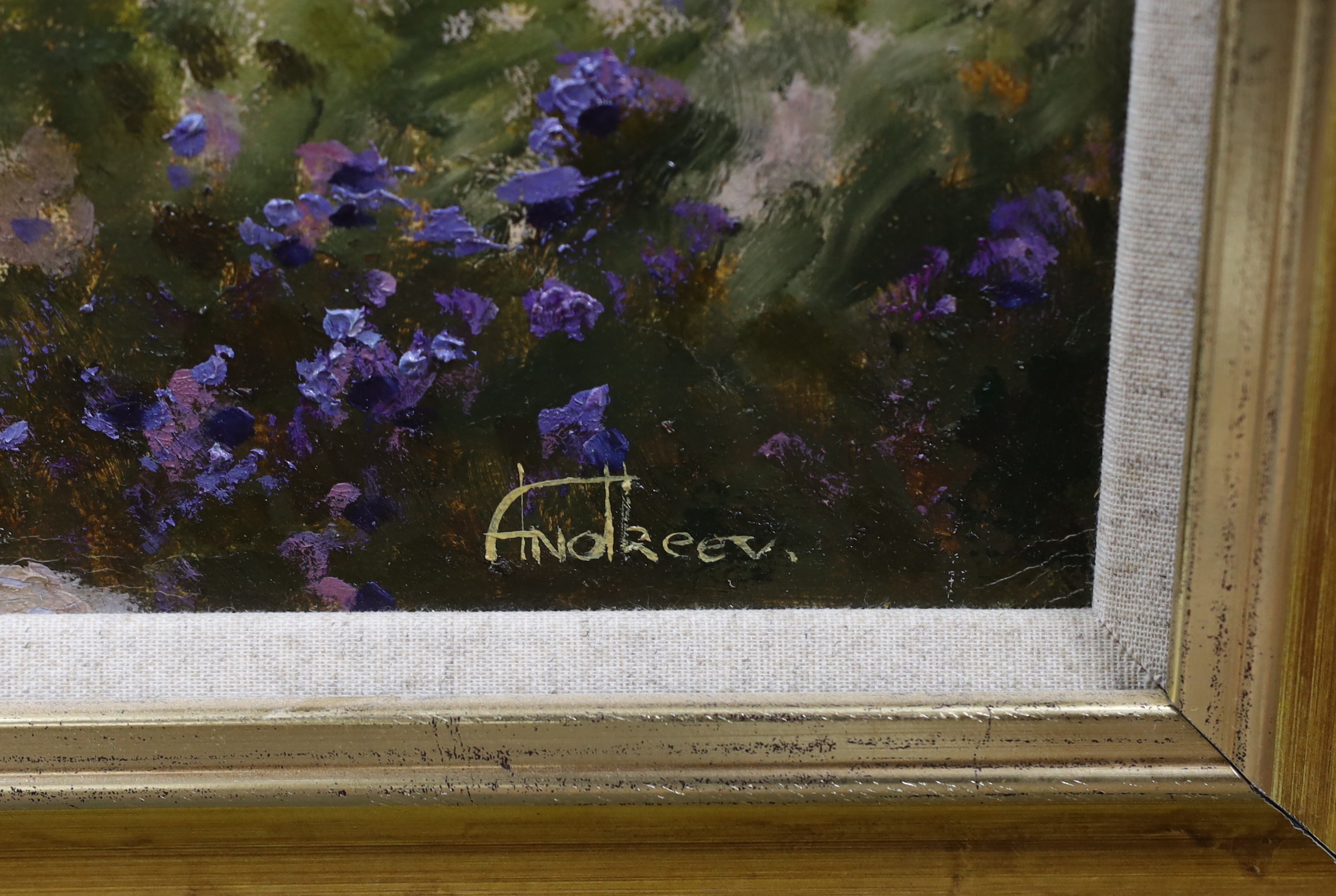 Vladamir Andreev, impasto oil on canvas, Mediterranean street scene before a lake, signed, 75 x 100cm